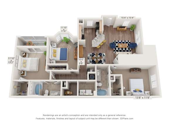 A 3D floor plan of a house with a living room, kitchen, and two bedrooms.