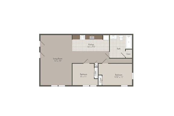 A floor plan of a house with two bedrooms, a living room, a kitchen, and a bathroom.