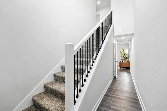 A staircase with a black railing and beige carpeted steps.
