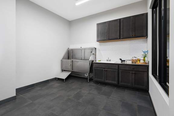 A kitchen with black cabinets and a white wall.