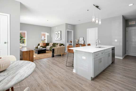 A modern kitchen with a white countertop and grey cabinets.