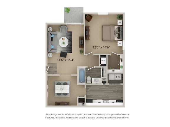 A floor plan of a small apartment with a kitchen, living room, and bathroom.