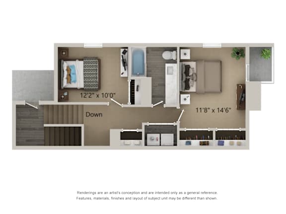 A floor plan of a small apartment with a kitchen, living room, and bathroom.