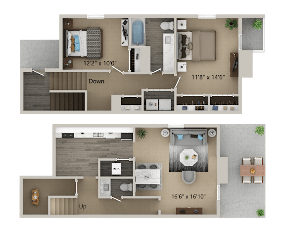 A floor plan of a two-story apartment with dimensions and a kitchen area.