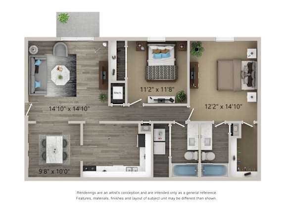 A floor plan of a small apartment with a kitchen, living room, and bathroom.
