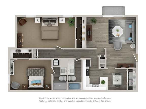 A floor plan of a two-bedroom apartment with a living room, kitchen, and bathroom.