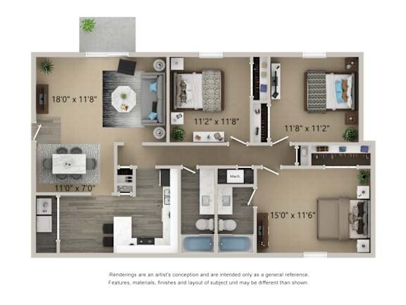A floor plan of a two-bedroom apartment with a kitchen, living room, and bathroom.