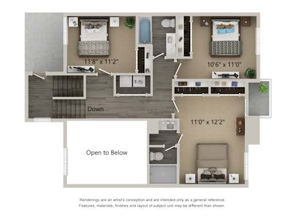A floor plan of a small apartment with a living room, kitchen, and two bedrooms.