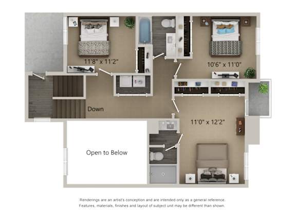 A floor plan of a small apartment with a kitchen, living room, and bedrooms.