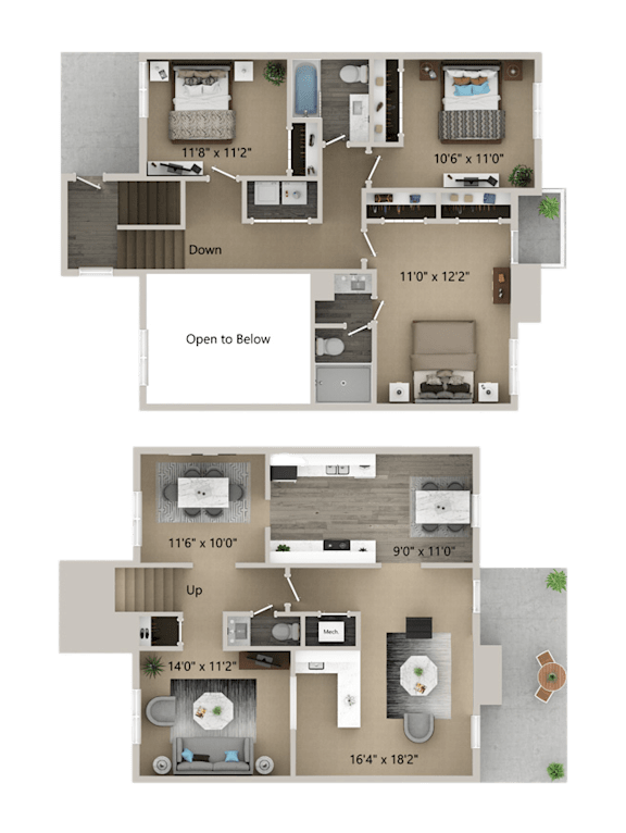 A floor plan of a two-story apartment with dimensions and room labels.