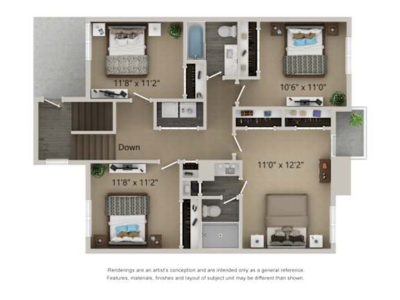 A floor plan of a small apartment with a kitchen, living room, and two bedrooms.