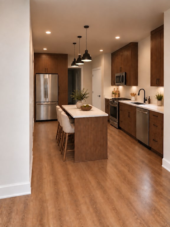 A kitchen with wooden cabinets and a white counter.