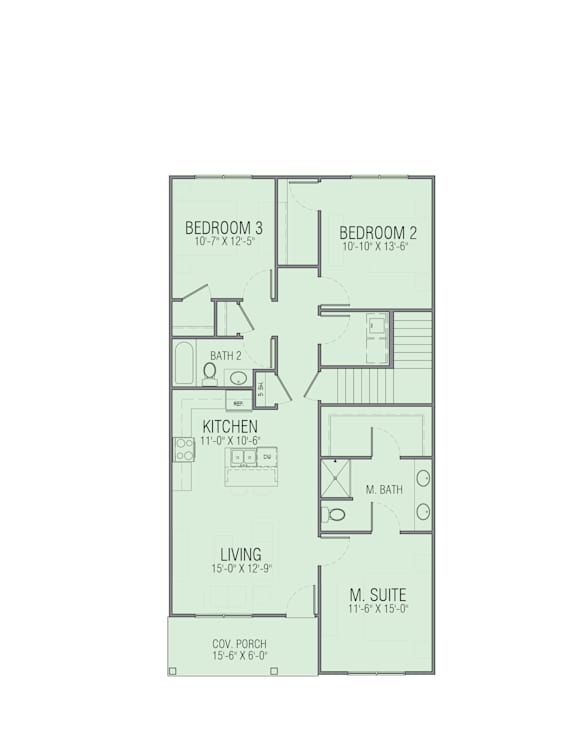 A floor plan of a house with three bedrooms, a living room, a kitchen, a bathroom, and a porch.