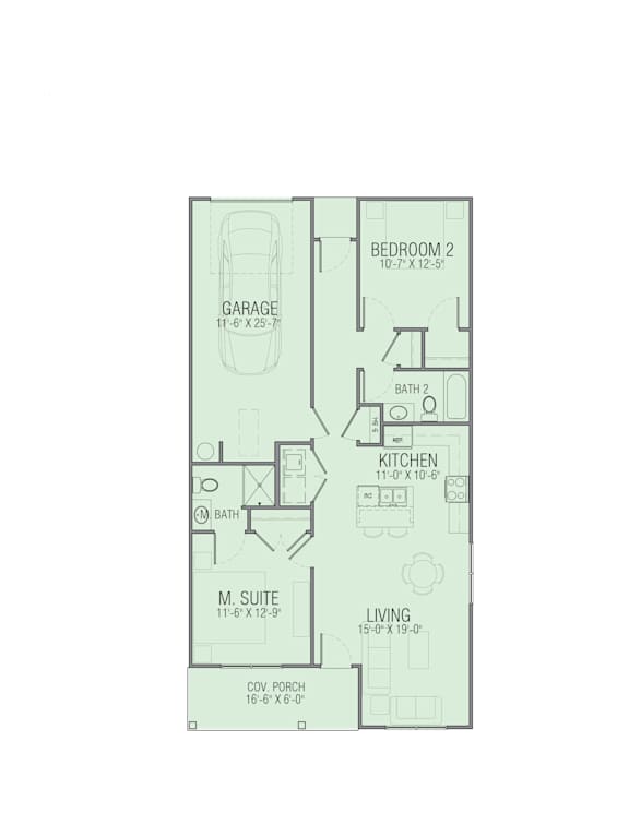 A floor plan of a home with a living room, kitchen, two bedrooms, a garage, and a carport.