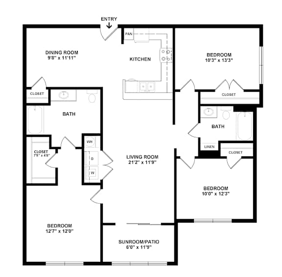 A black and white image of a floor plan for a home with a living room, two bedrooms, a dining room, a kitchen, a bathroom, and a sunroom/patio.