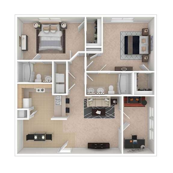 A top-down view of a small apartment with a kitchen, living room, and bathroom.