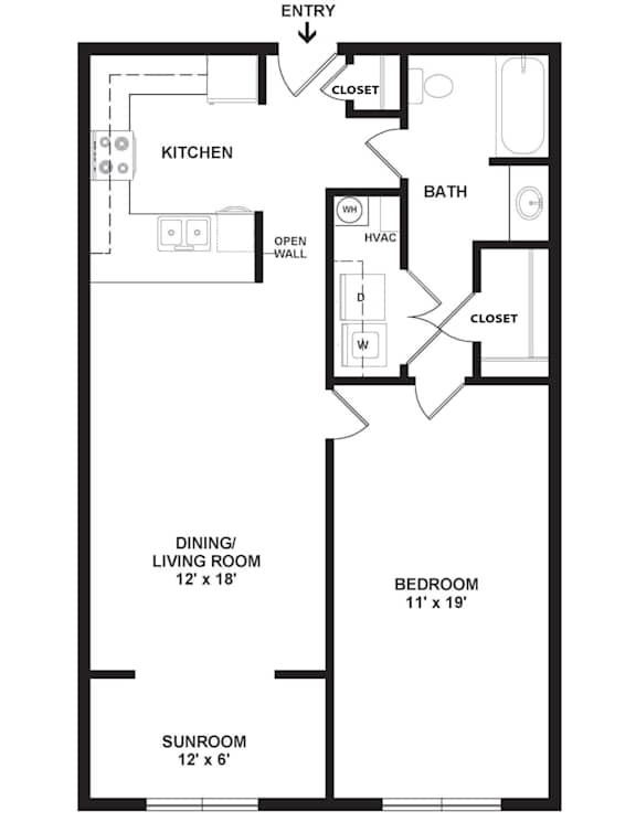 A black and white image of a floor plan for a small apartment.