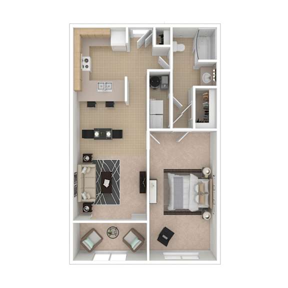A floor plan of a small apartment with a kitchen, living room, and bathroom.