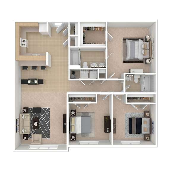 A 3D floor plan of a small apartment with a kitchen, living room, and two bedrooms.