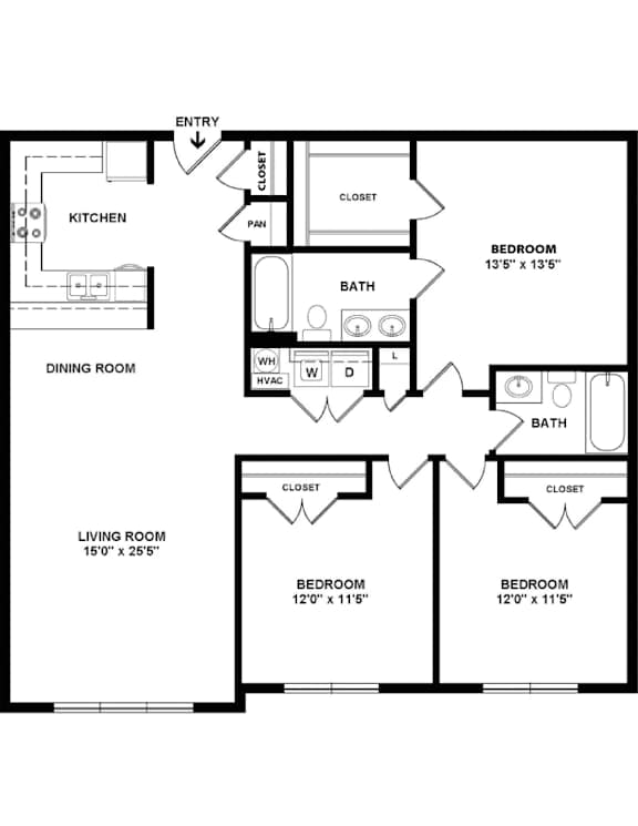 A black and white floor plan of a house with a living room, dining room, kitchen, and three bedrooms.
