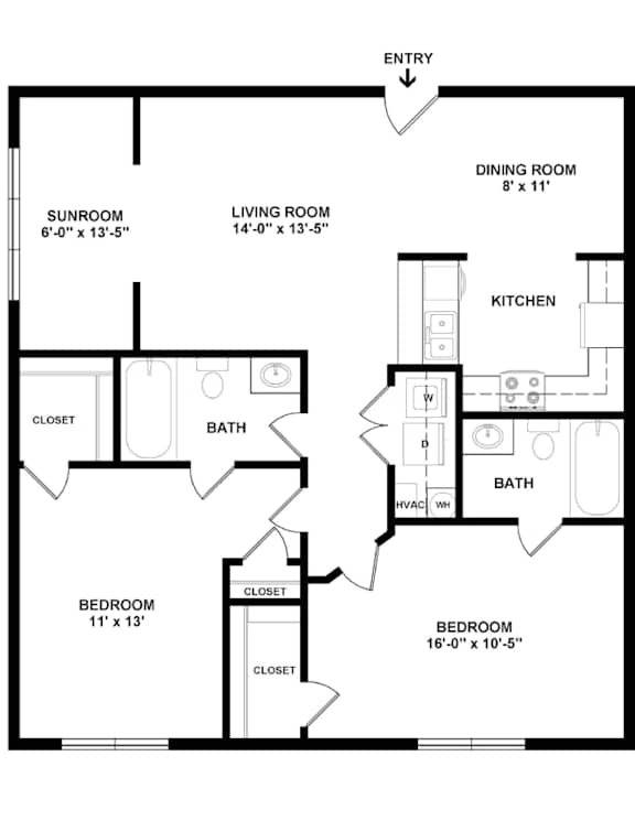 A black and white image of a floor plan for a home with an entry, two bedrooms, a living room, a dining room, a kitchen, and two bathrooms.