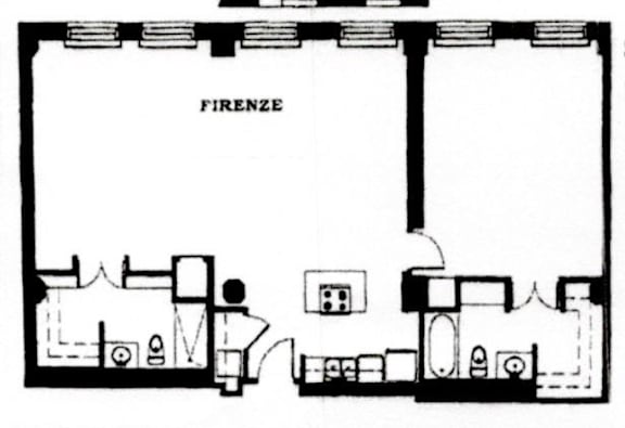 A black and white drawing of a room labeled "FIRENZE".