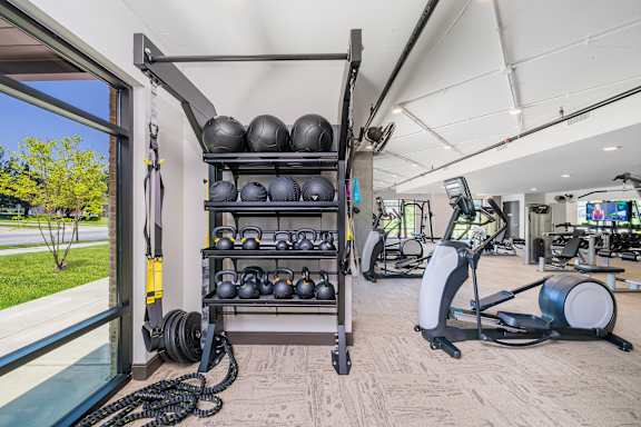 A gym with a variety of equipment including weights and a rowing machine.