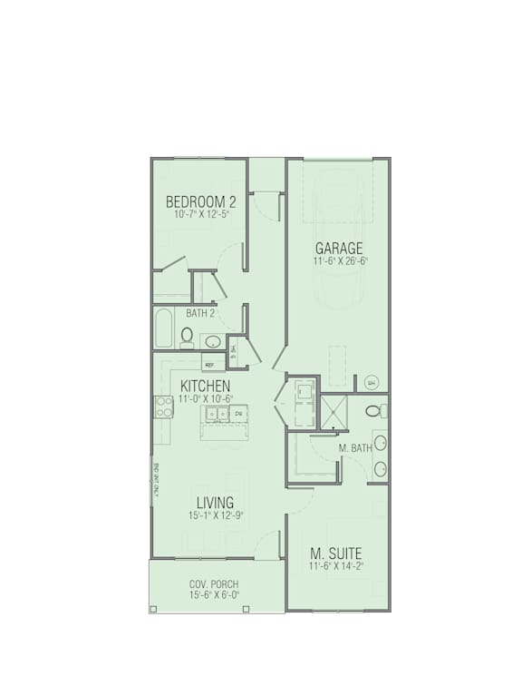 A floor plan of a home with a living area, kitchen, bathroom, and garage.