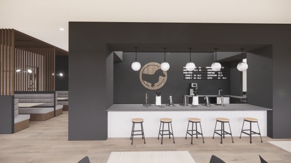 a rendering of a coffee shop with a bar and stools