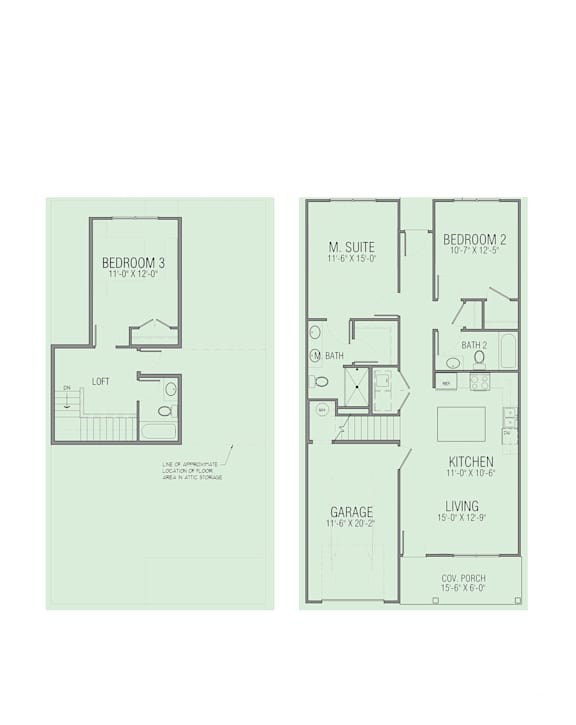 A floor plan of a two bedroom apartment with a living room and kitchen.