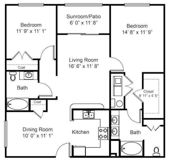 A black and white image of a floor plan for a house with a living room, two bedrooms, a bathroom, a kitchen, and a dining room.