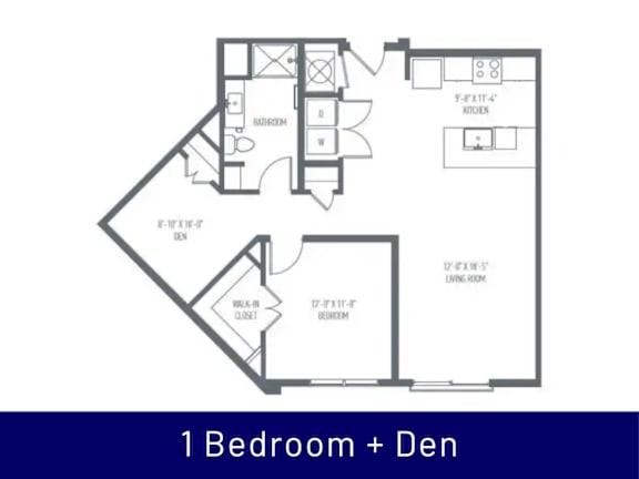 A floor plan of a 1 Bedroom + Den apartment.