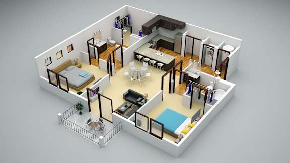 A 3D rendered image of a small apartment layout.