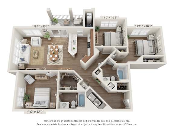 A 3D floor plan of a house with a living room, kitchen, dining room, and multiple bathrooms.