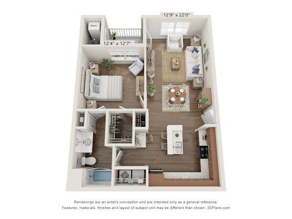 A 3D floor plan of a small apartment with a kitchen, living room, and two bedrooms.