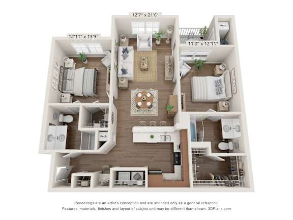 A floor plan of a two-bedroom apartment with a living room, kitchen, and bathroom.