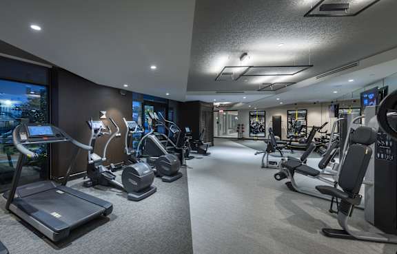 A gym with treadmills, exercise bikes, and other equipment.