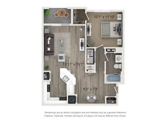 A floor plan of a small apartment with a kitchen, living room, and bathroom.