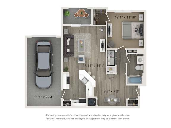 A floor plan of a house with a garage and a car.
