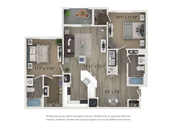 A floor plan of a house with a kitchen, living room, and bathrooms.
