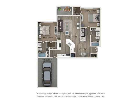A floor plan of a house with a garage and a car.