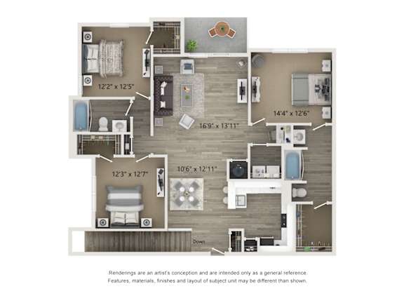 A floor plan of a house with a living room, two bedrooms, a bathroom, and a kitchen.