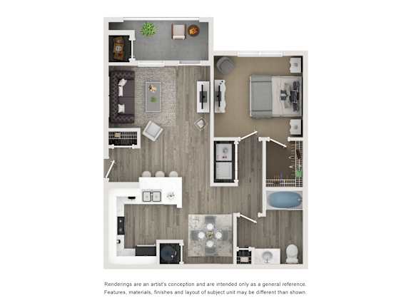 A floor plan of a house with a kitchen, living room, and bathrooms.