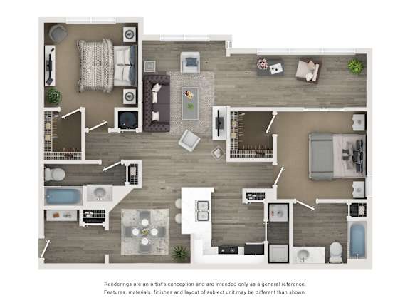 A floor plan of a house with a kitchen, living room, and bathrooms.