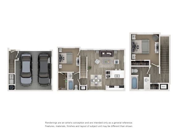 Three renderings of a house with a garage, living room, and kitchen.