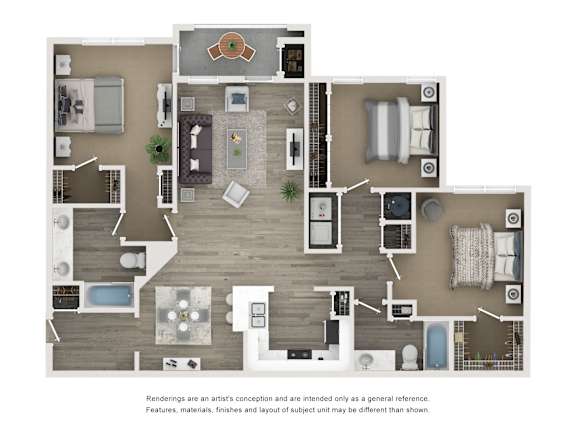 A floor plan of a house with a kitchen, living room, dining room, and bedrooms.