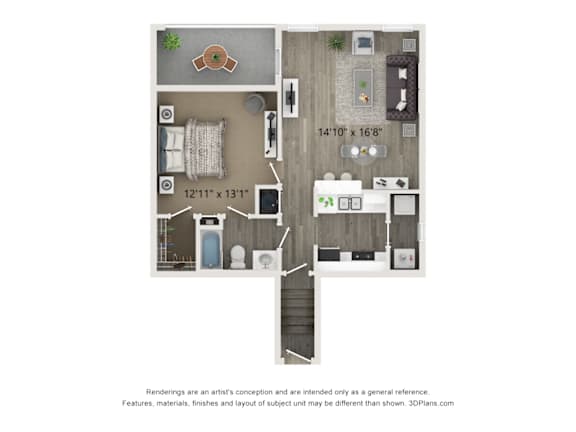 A 3D floor plan of a house with a kitchen, living room, and bathroom.