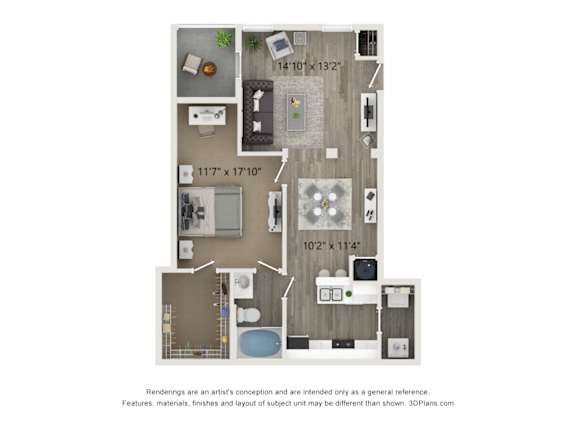 A floor plan of a house with a kitchen, living room, and bathroom.
