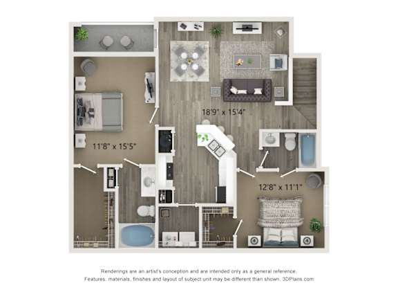 A floor plan of a house with a kitchen, living room, and two bedrooms.