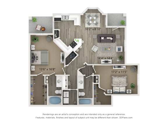 A floor plan of a house with a living room, kitchen, dining room, and bathrooms.